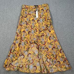 Sanctuary Floral Midi Skirt Women's X-Small Yellow Faux Wrap High Low New